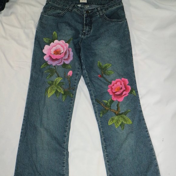 Cache Denim - Cache Original Handpainted Floral Blue Jeans Sz 4 US